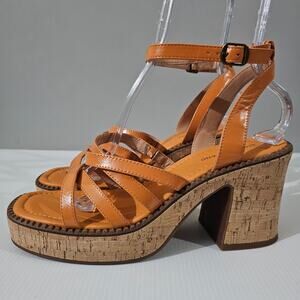 Lucky Brand Taiza Platform Sandal Womens 10 Orange Leather Cork Block Heel NEW